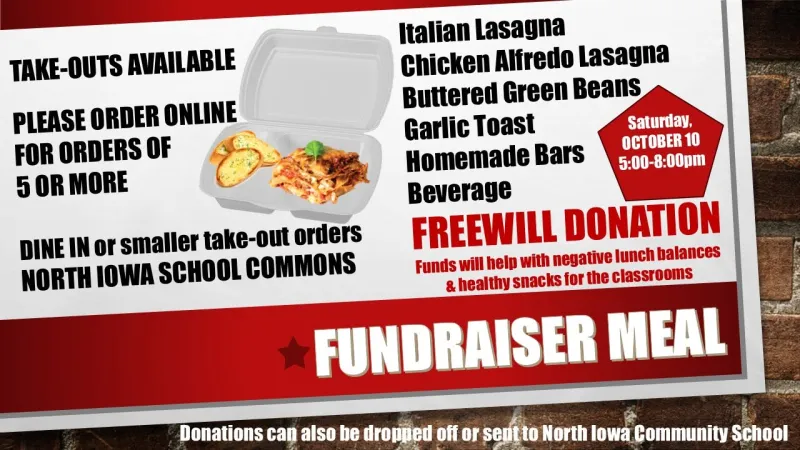 Lunchbox LIFT Lasagna Dinner Oct. 10 at North Iowa School