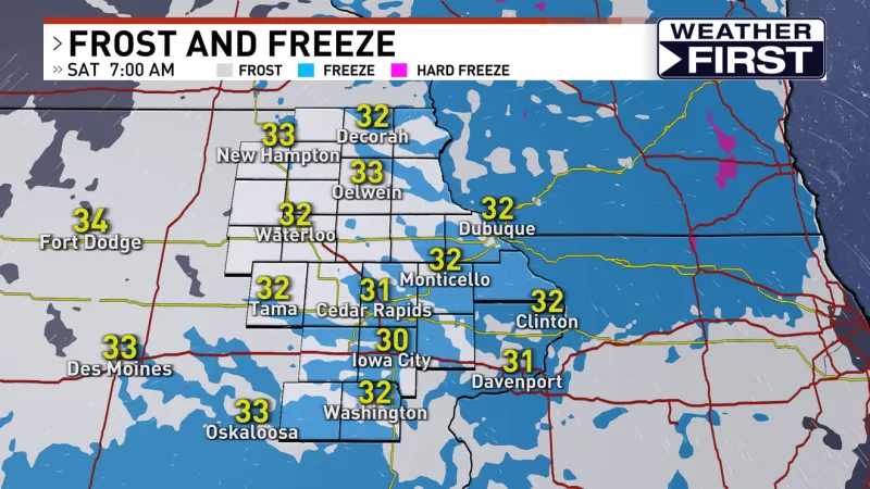 Freeze Warning for Eastern Iowa on Saturday morning with widespread frost expected