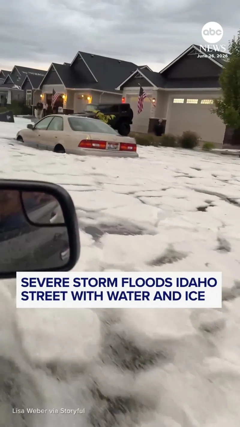 Severe storm floods Idaho street with water and ice