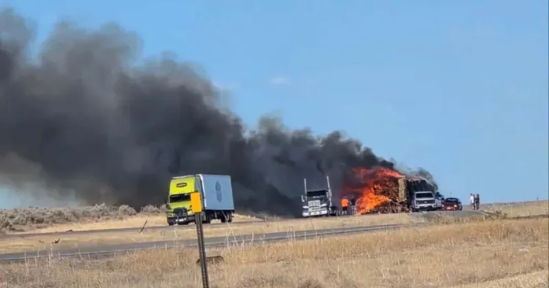 State Shed Fire contained after semi-truck hauling straw catches fire