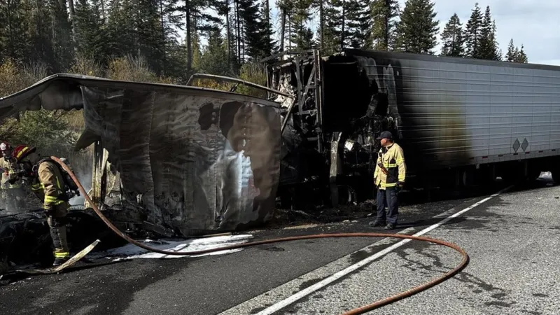 All lanes closed on I-84 between La Grande and Pendleton after crash and fire