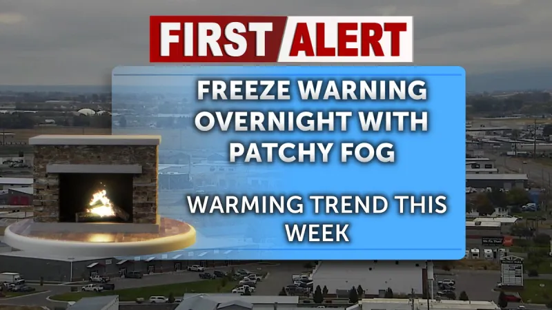 Patchy overnight fog with a freeze warning; sunny and warmer for the rest of this week