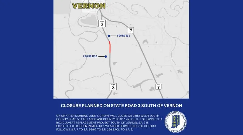 State Road 3 to close near Vernon for culvert work