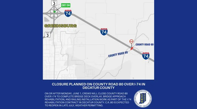 Bridge over Interstate 74 to close next week