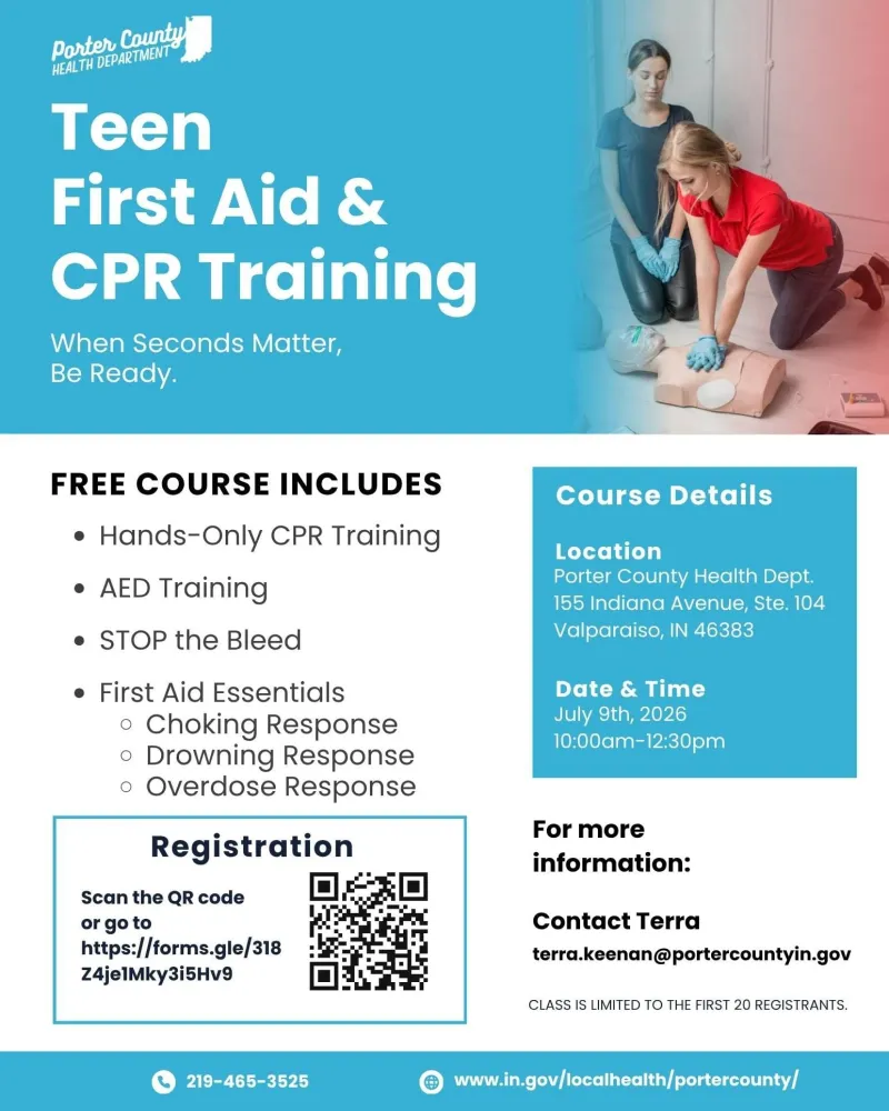 July Teen First Aid and CPR Training at Porter County Health Department