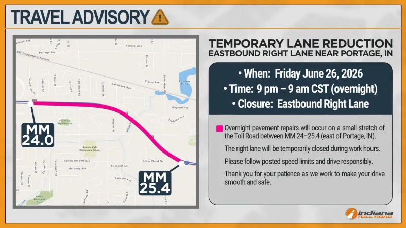 Toll Road Travel Advisory -- Overnight lane reduction near Portage