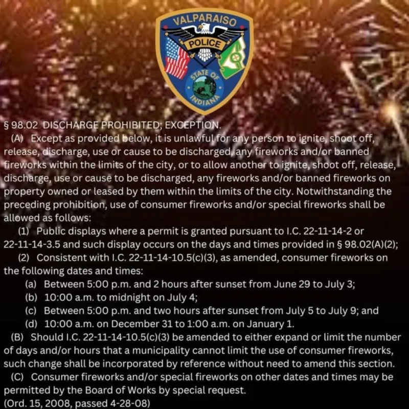 Valparaiso Police fireworks ordinance reminder
