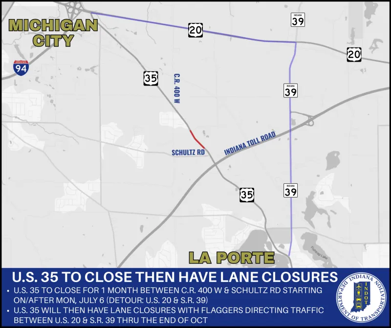 U.S. 35 to close between La Porte and Michigan City