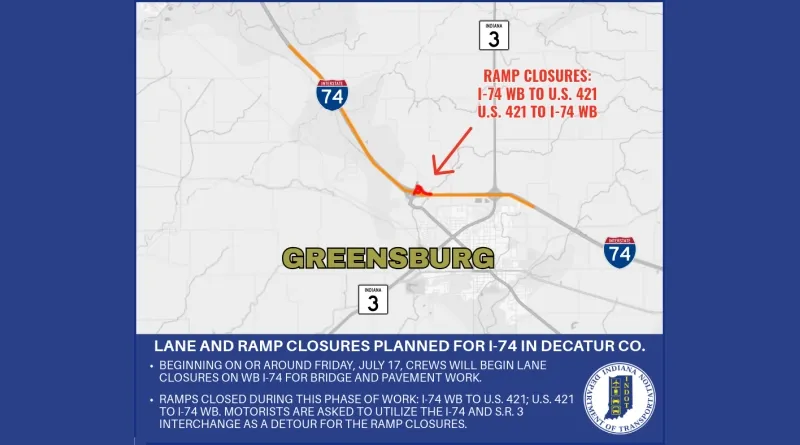 Interstate 74 lanes, ramps to close near Greensburg for four months