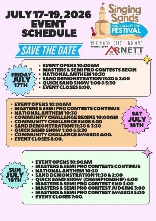 Singing Sands Sand Sculpting Festival all weekend long in Michigan City in Washington Park-presented by Arnett Construction & Roofing