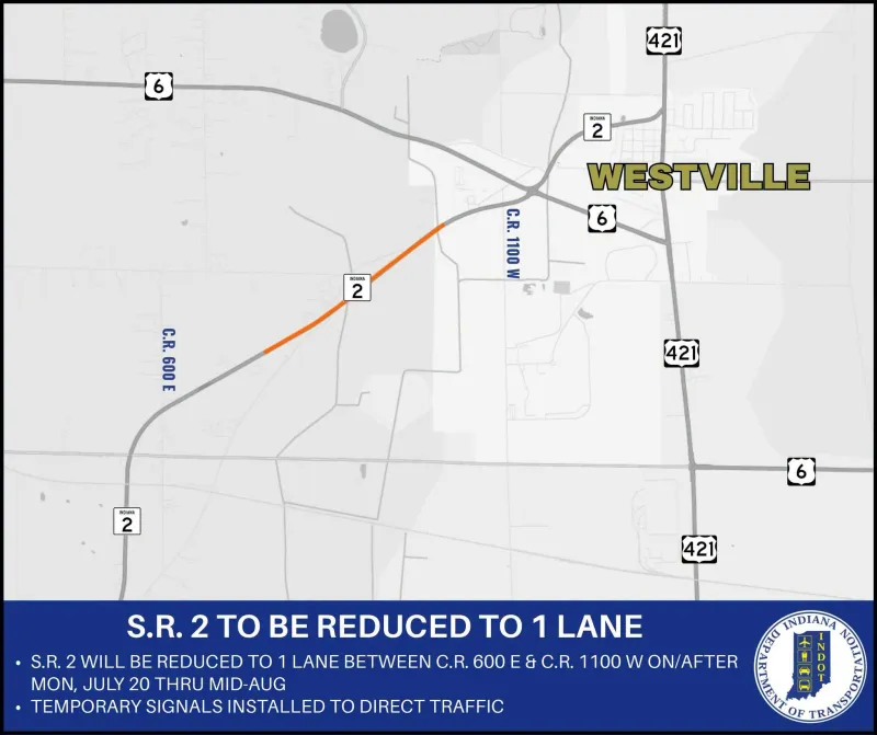 State Road 2 to be reduced to one lane near Westville