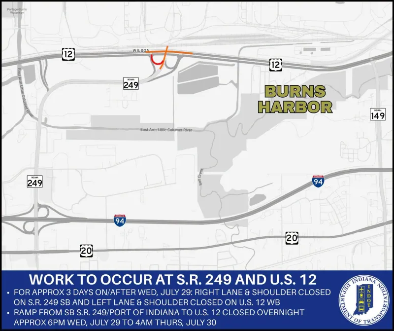 Lane and Ramp Closures -- State Road 249 and U.S. 12 in Porter County