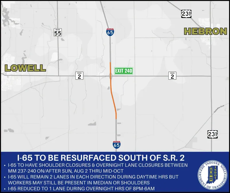 I-65 to have overnight lane closures south of State Road 2 for resurfacing