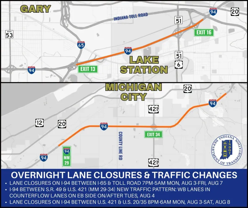 Overnight lane closures and traffic changes scheduled for I-94