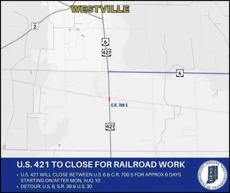 U.S. 421 to close for railroad work