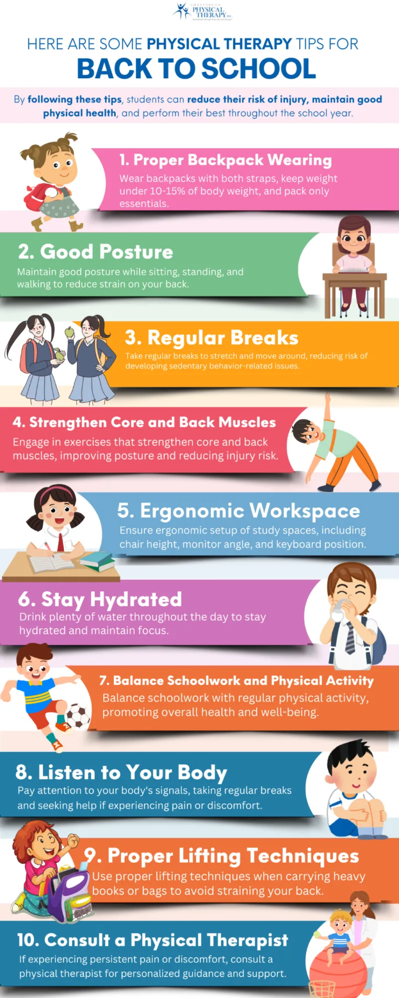 REMINDER from Chesterton Physical Therapy, Inc. with Back to School reminders