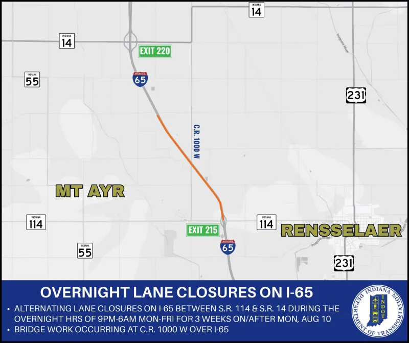 I-65 to have overnight lane closures between S.R. 14 and S.R. 114