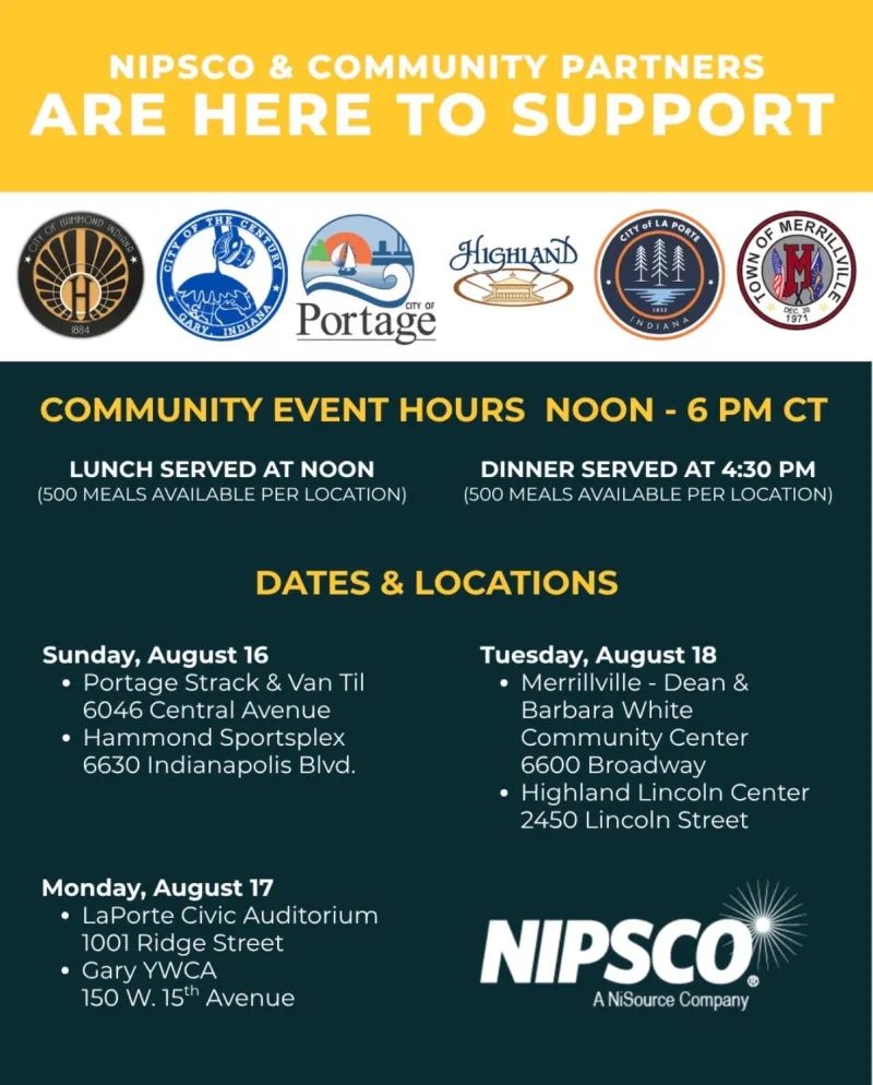 NIPSCO Community Support Event in La Porte. FREE MEALS-FEEL FREE TO SHARE-see attached flyer