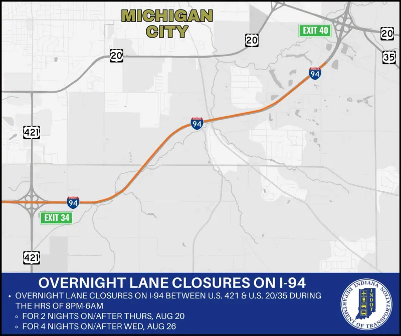Overnight lane closures scheduled for I-94 in La Porte County