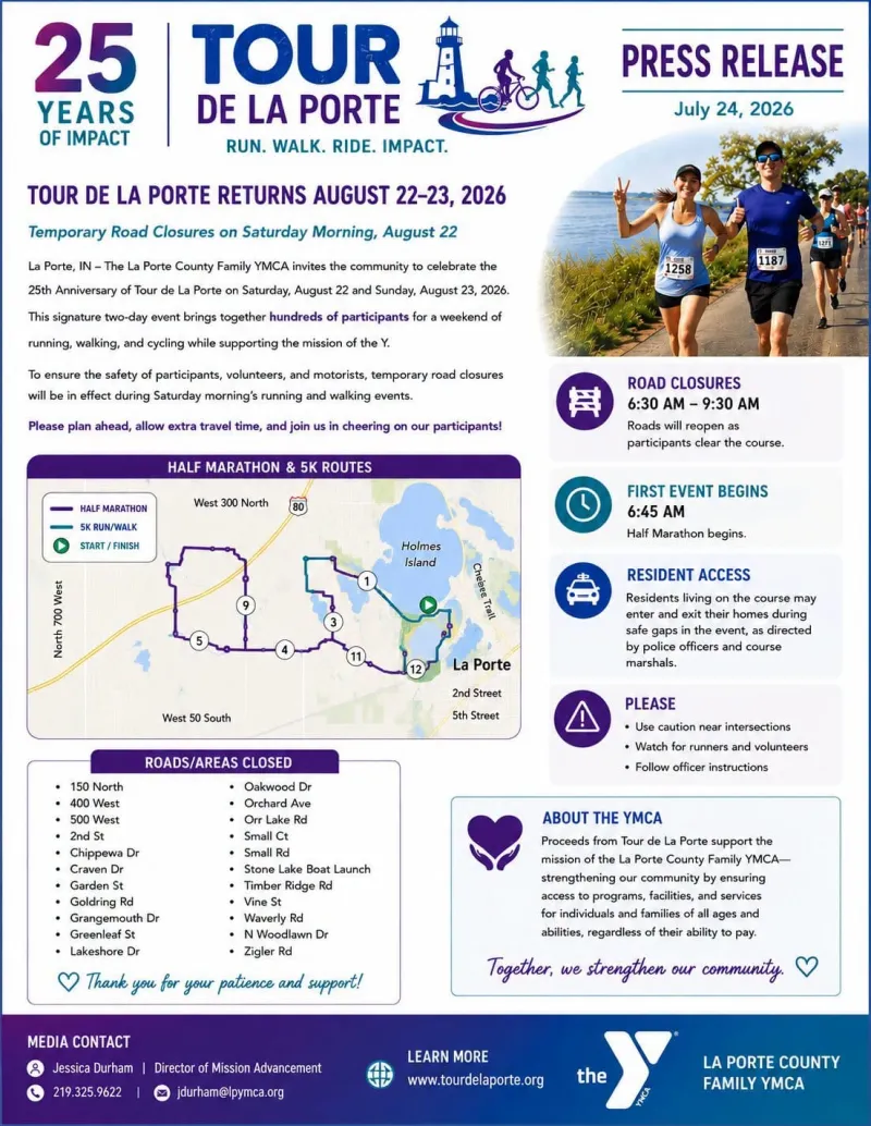 La Porte County Family YMCA road closure notice for Tour de La Porte
