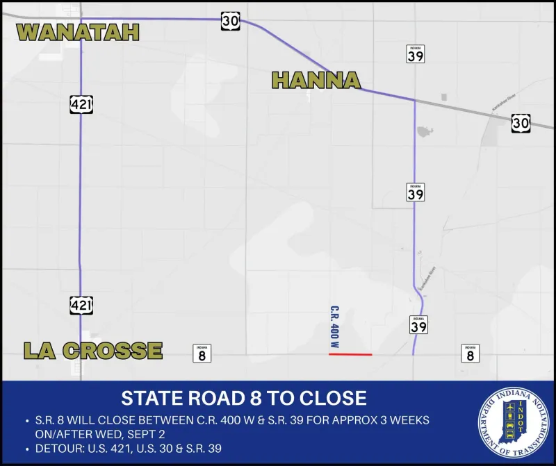 State Road 8 to close between La Crosse and Knox