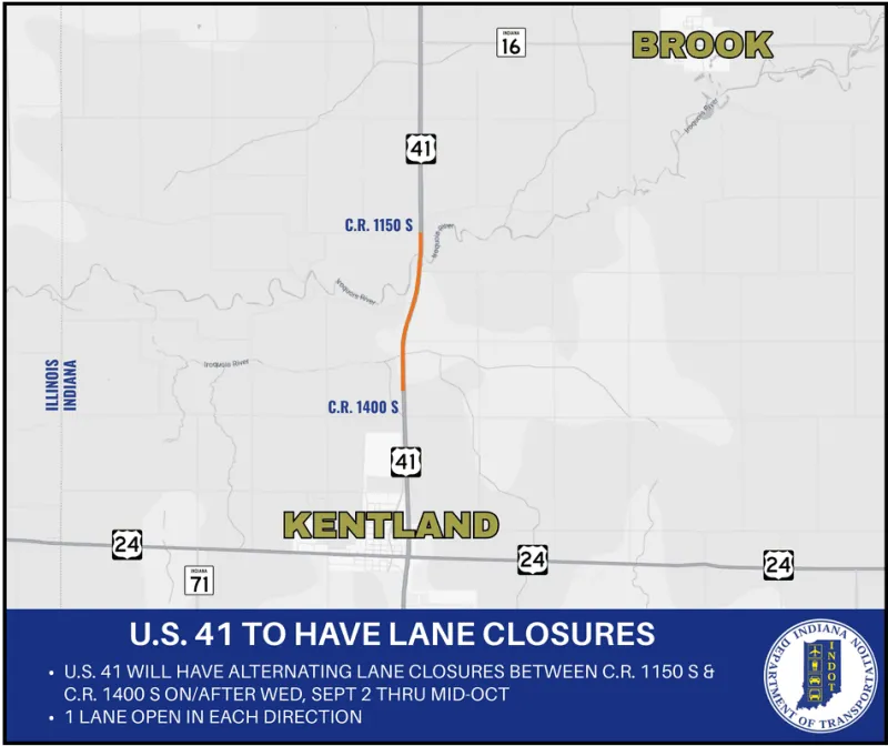 U.S. 41 to have lane closures north of Kentland