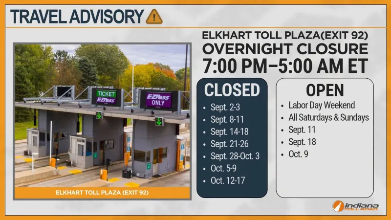 Elkhart Toll Plaza overnight closure schedule