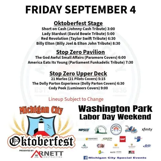 OKTOBERFEST 2026 with Michigan City Special Events -Here is today's line-up for Friday September 4th
