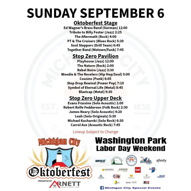 OKTOBERFEST 2026 with Michigan City Special Events -Here is today's line-up for Sunday September 6th