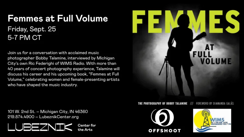 Stop by the Lubeznik Center for the Arts on Friday September 25th between 5p-7p for a wonderful evening featuring conversation with Acclaimed Music Photgrapher Bobby...