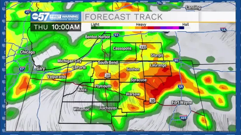 Heavy rain and storms now, Drier later today