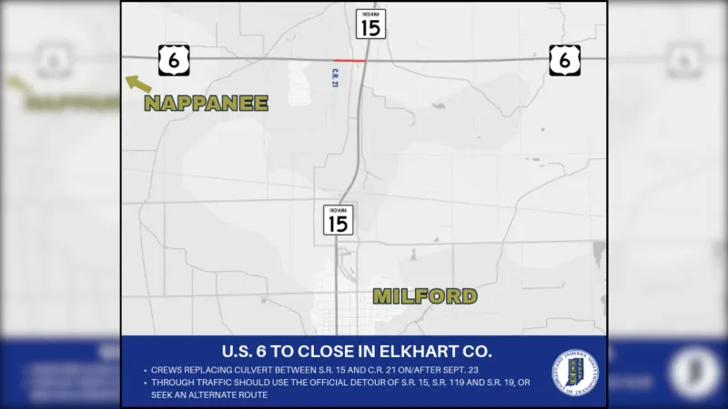 Section of US 6 in Elkhart County to close for repair