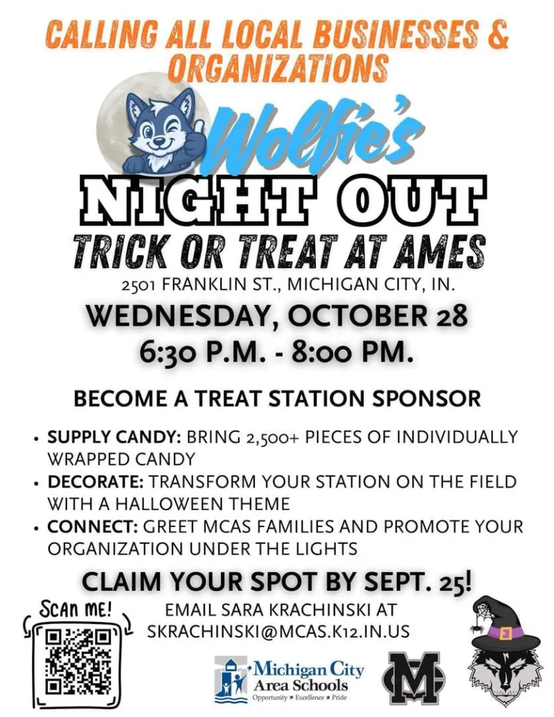 Michigan City Area Schools Invites Local Businesses to Sponsor "Wolfie's Night Out Trick or Treat" at Ames