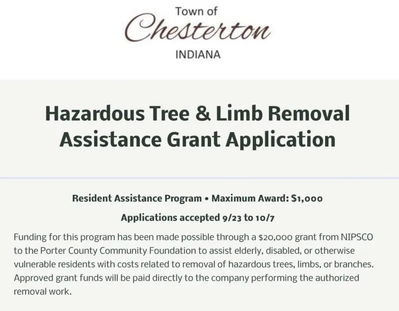 Vulnerable Town of Chesterton residents may now apply for up to 1K to defray cost of removing private hazard trees