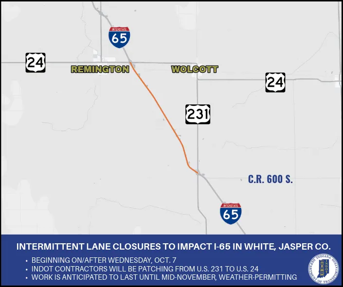 Evening lane closures to impact I-65 in White, Jasper Counties