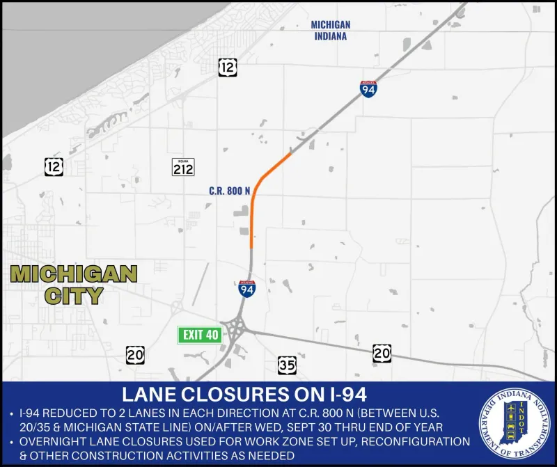 I-94 to have lane closures east of U.S. 20/35 in La Porte County