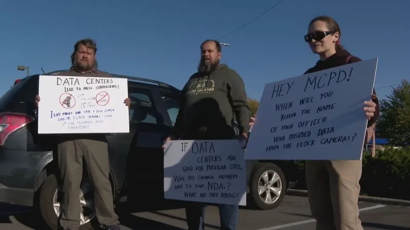 Protestors speak out against Flock cameras in Michigan City