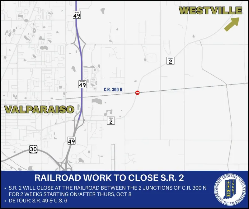 State Road 2 to close for railroad work in Porter County
