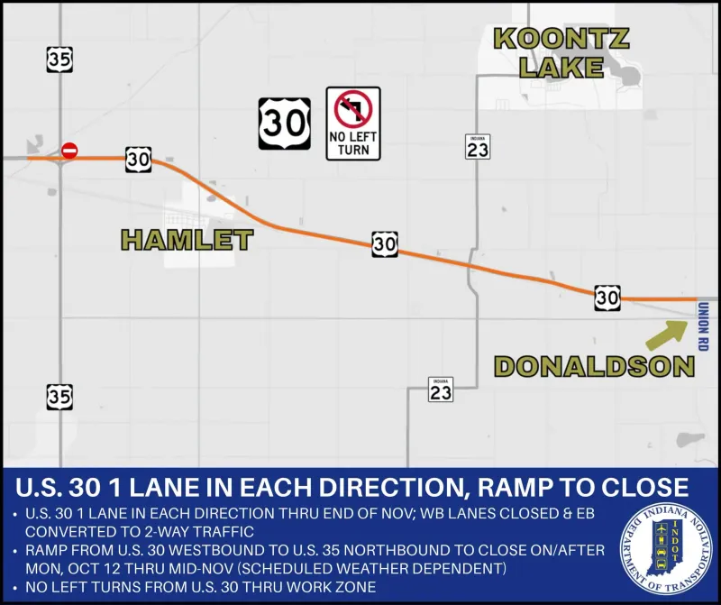 Ramp closure -- U.S. 30 to U.S. 35 in Starke County