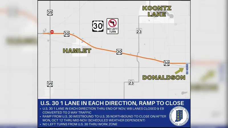 Ramp closure US 30 westbound to US 35 northbound in Starke County