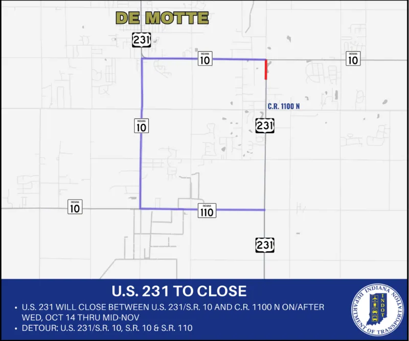 U.S. 231 to close south of De Motte