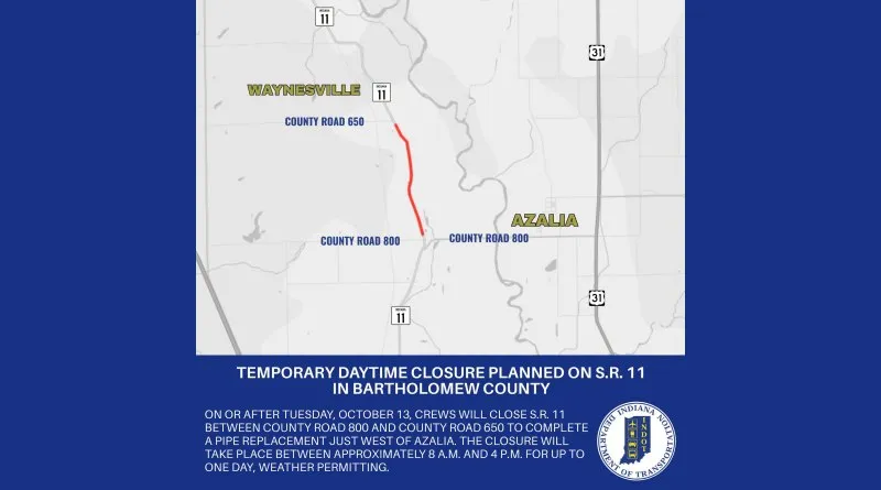 State Road 11 closing in southern Bartholomew County today