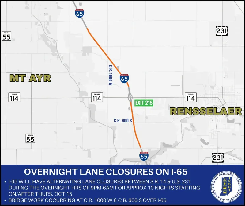I-65 to have overnight lane closures between S.R. 14 and U.S. 231