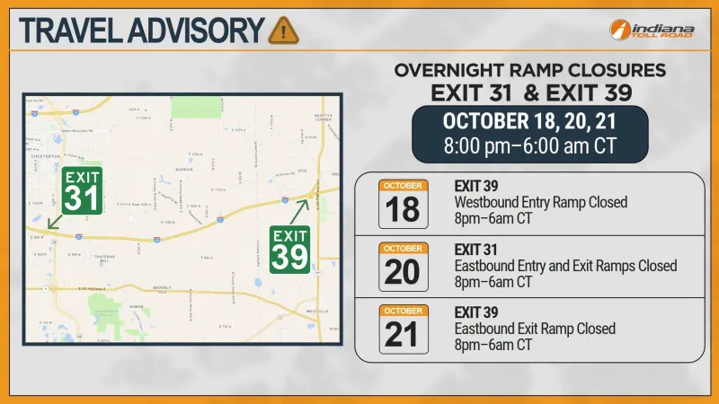 Toll Road overnight ramp closures at exits 31 and 39 in Porter and La Porte counties