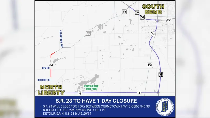 Part of S.R. 23 in St. Joe County will be closed on Oct. 21