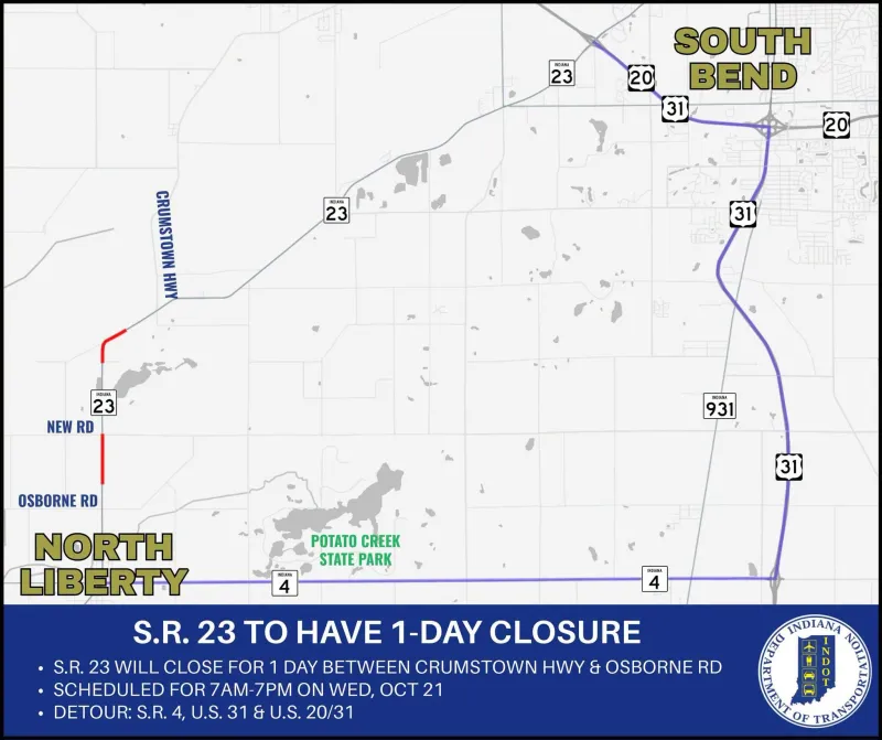 State Road 23 to have one-day closure in St. Joseph County