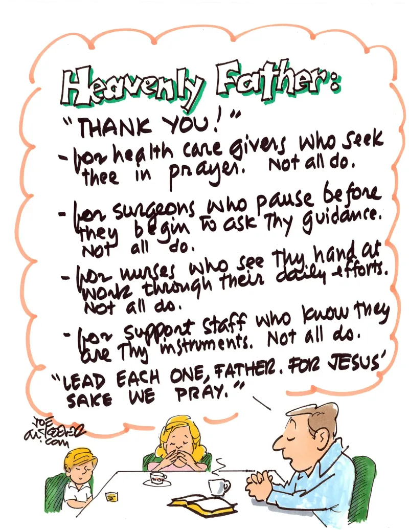 Prayer for health care workers (Cartoon: Joe McKeever)