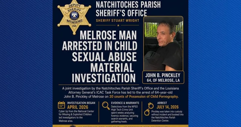 Natchitoches Parish man arrested on 20 counts of juvenile pornography