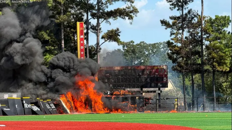 Fire breaks out on M. L. Tigue Moore Field in Russo Park at the University of Louisiana Lafayette