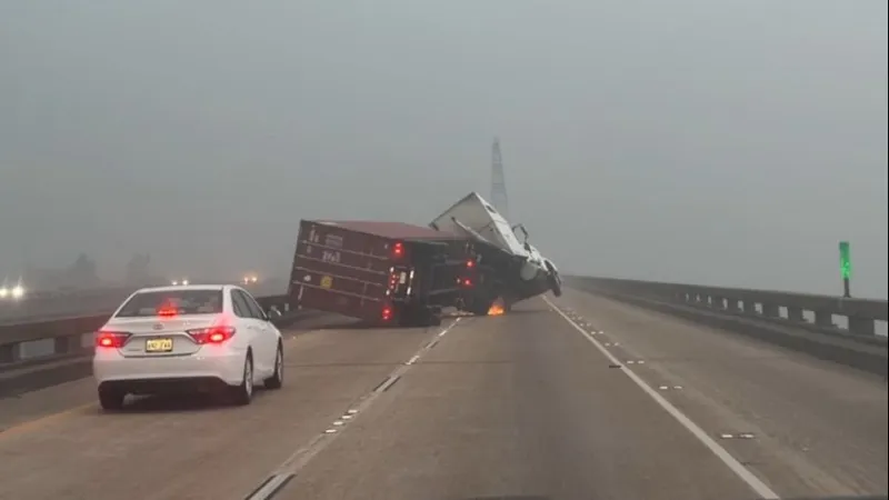 VIDEO: Semi-truck blown over on Bonnet Carre Spillway Bridge during severe thunderstorm